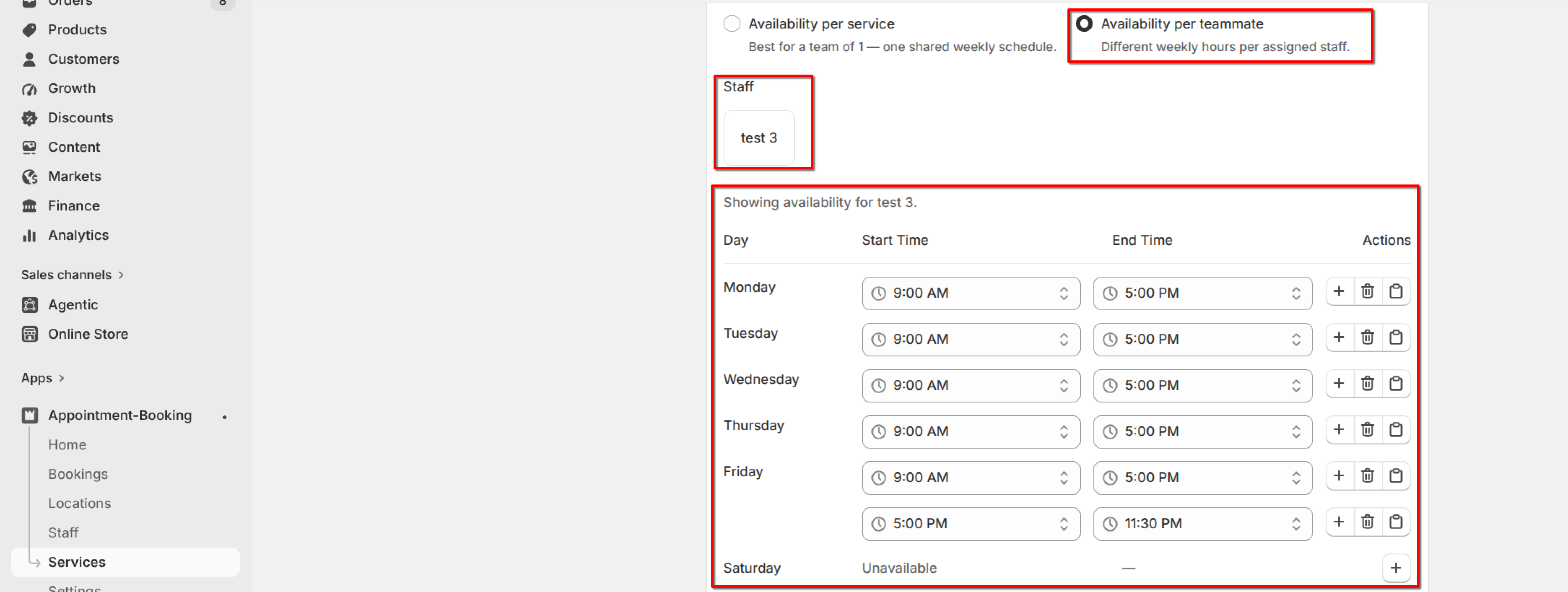 "Availability per teammate" selected under Availability type, with a Staff selector and a weekly Start Time / End Time table for the selected staff member